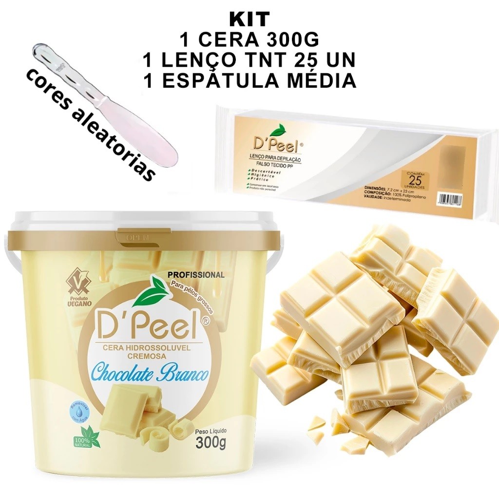 Kit Depilatório Cera Hidrossolúvel Chocolate Branco 300g + Lenço TNT 25un + Espátula Kit Depilatório Cera Hidrossolúvel Chocolate Branco 300g + Lenço TNT 25un + Espátula