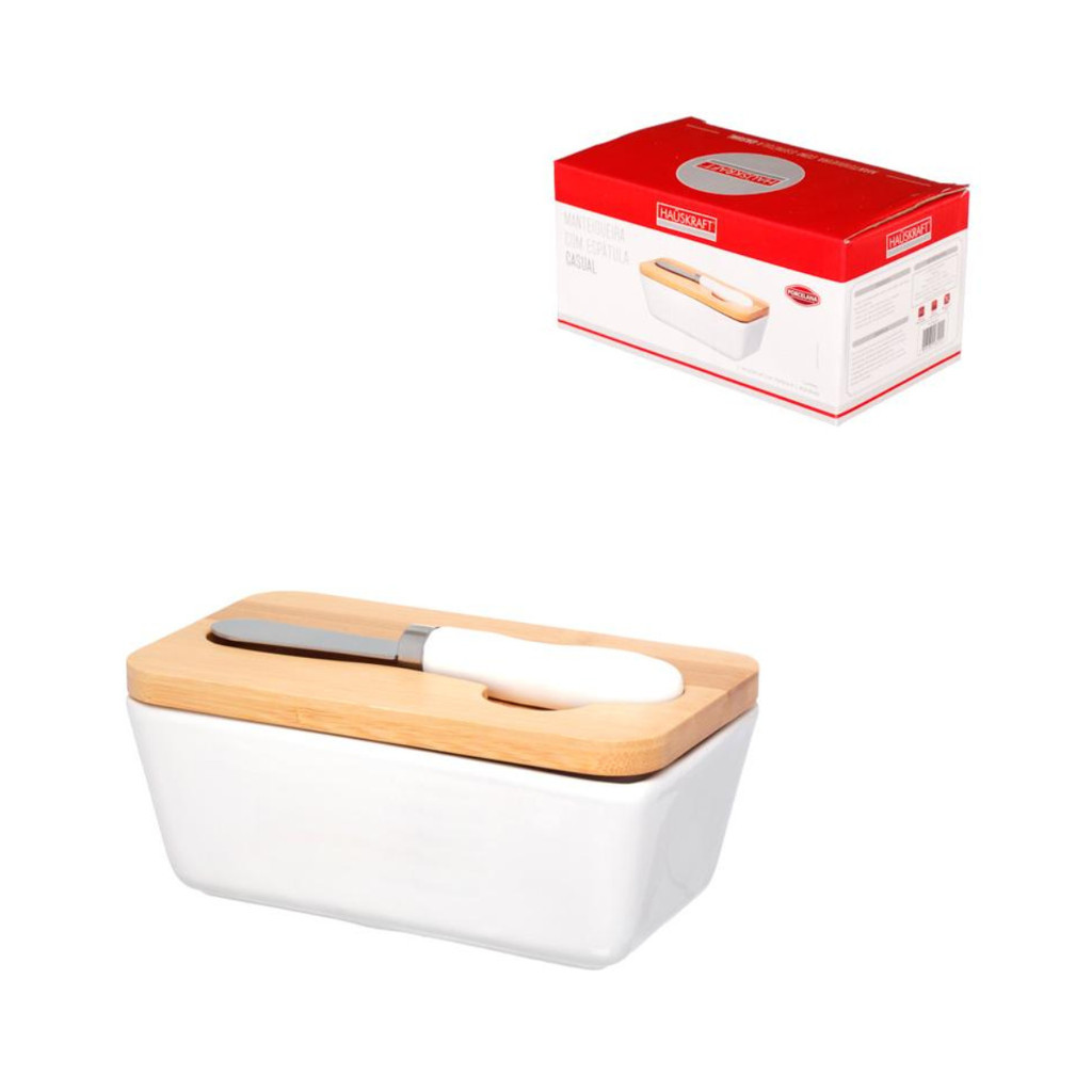 MANTEIGUEIRA DE PORCELANA COM ESPATULA + TAMPA DE BAMBU CASUAL HAUSKRAFT 400ML 15X8,5X7CM em Oferta na Shopee