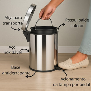 Lixeira 3Lts 5Lts 7Lts 12Lts de Inox  Com Pedal e Cesto Removível Banheiro Cozinha em Oferta na Shopee
