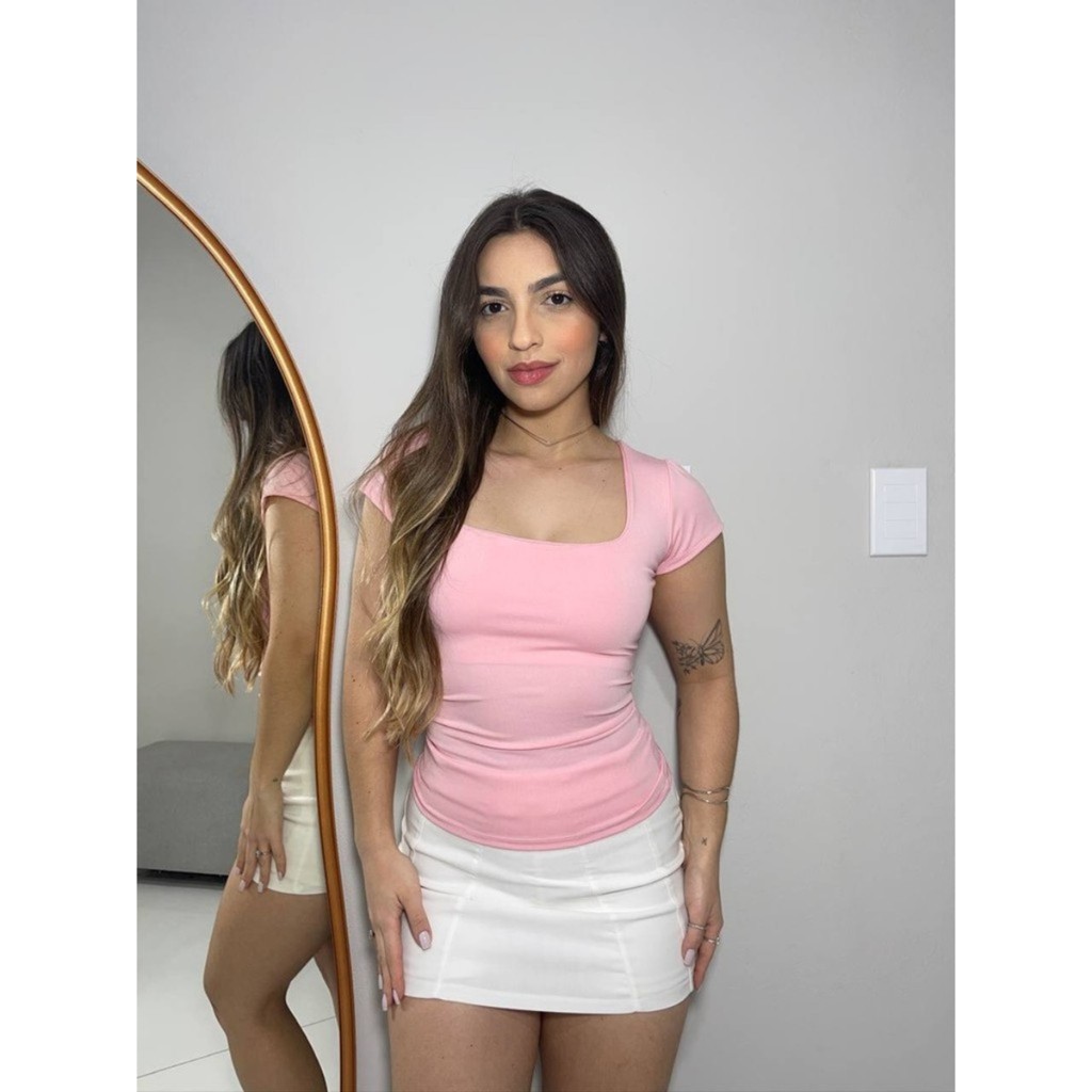Blusa Moda Feminina Decote Quadrada Básica Regata Blusinha Casual Manga Curta Premium Ana em Oferta na Shopee