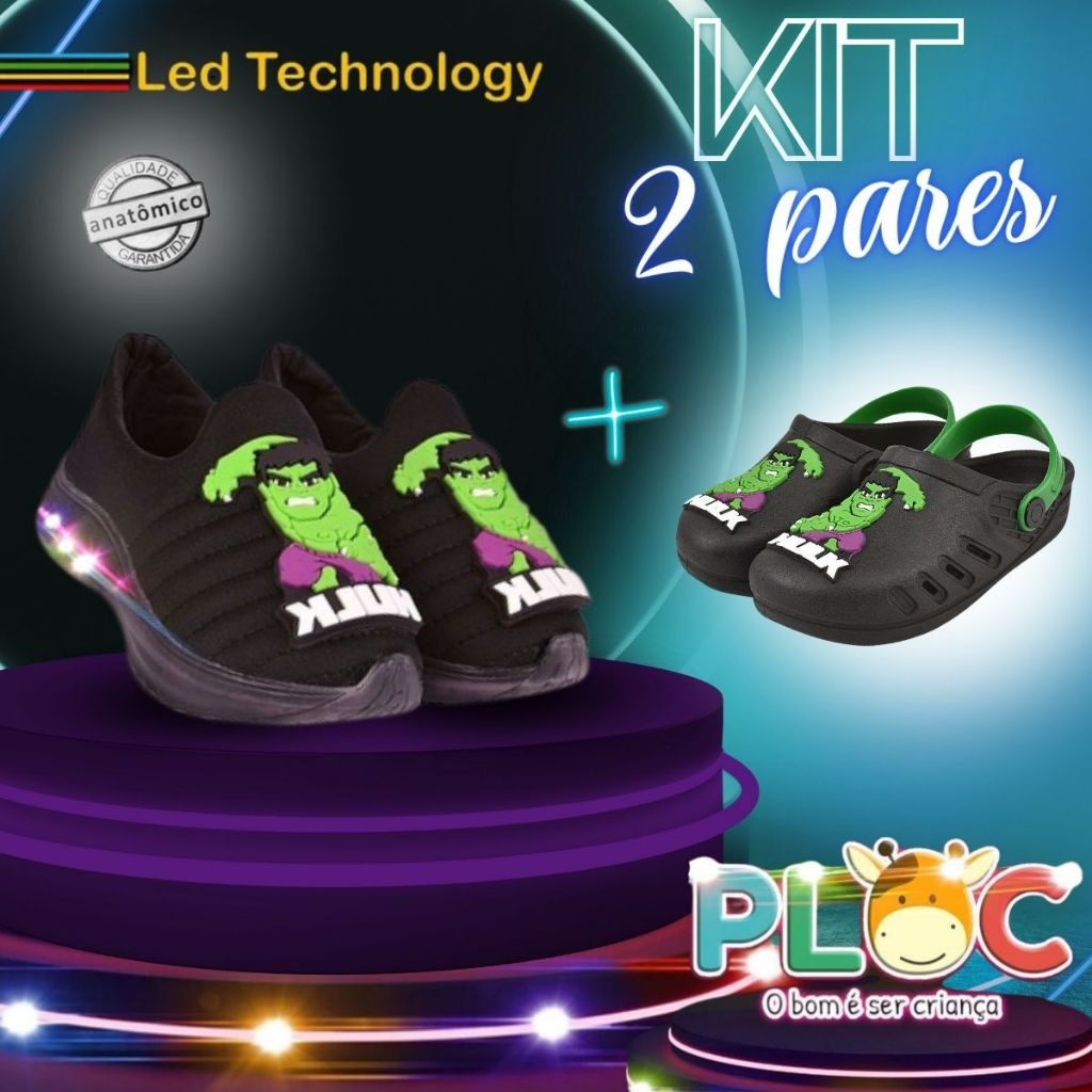 KIT 2 PARES PLOC - 1 TÊNIS LED + 1 BABUCHE HULK (LED59 - PRETO HULK BABY + Bab59 Hulk Baby - Preto)