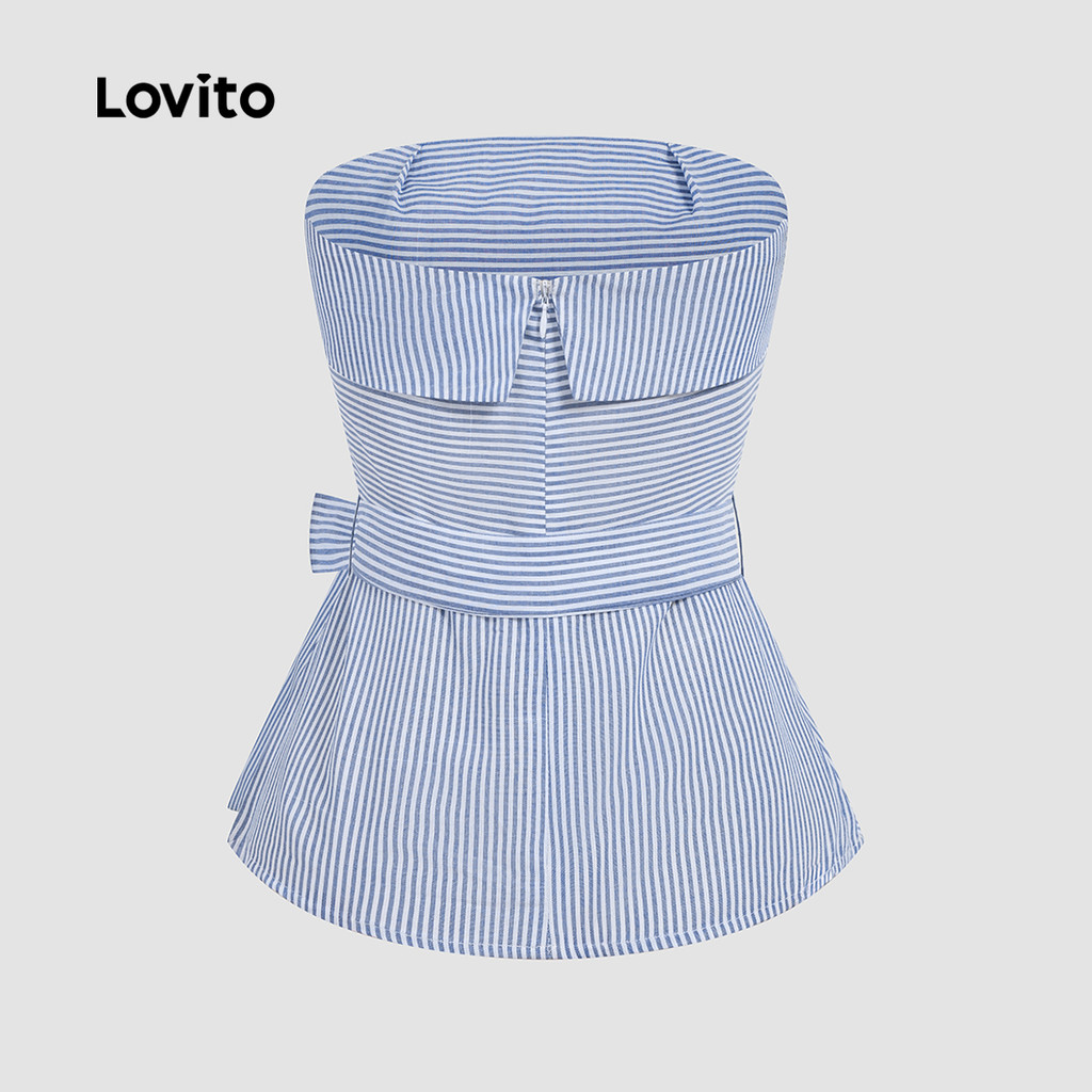 Detalhes do Regata Feminina Casual Listrada com Zíper e Amarração Frontal - Lovito L129AD1477, Verão/Primavera