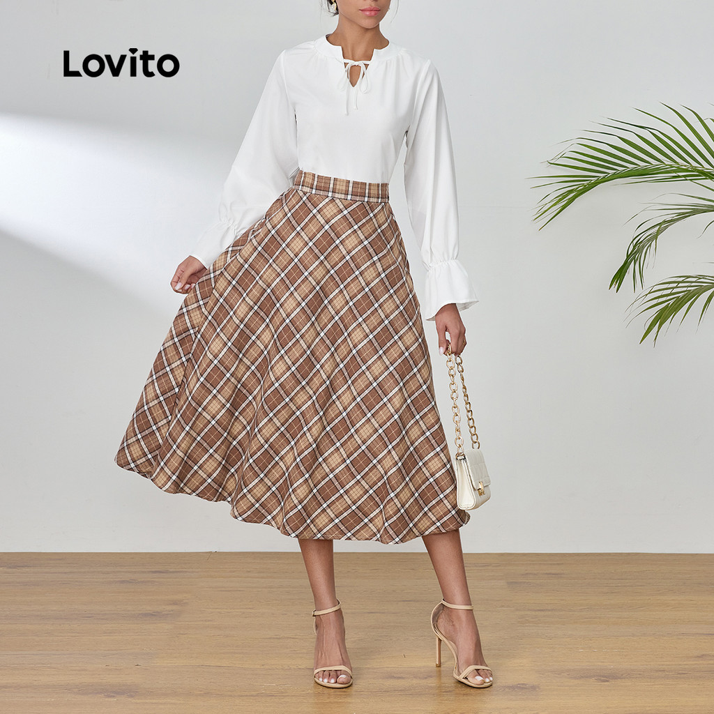 Lovito Tops ou calças elegantes com babados frontais e gravata guingão para mulheres LBL22676 - Women Clothes