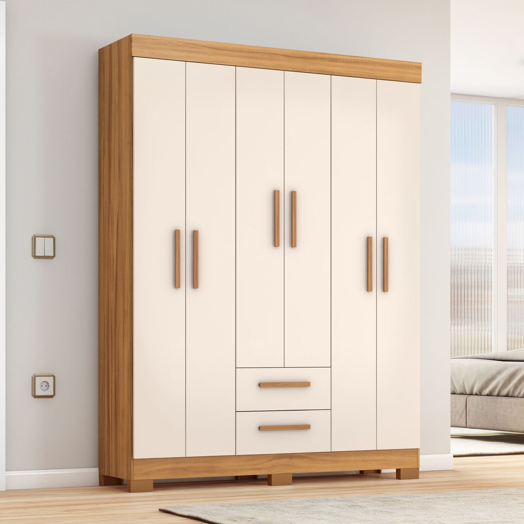 Guarda-roupa Nt6015 com 6 Portas e 2 Gavetas Off White/Freijó - Mom & Baby