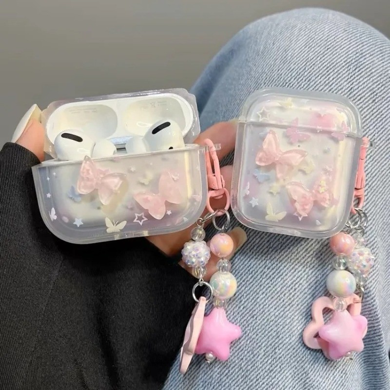 Capa Borboleta rosa Protetora para Airpods Pro 2 com Chaveiro de coração de cris