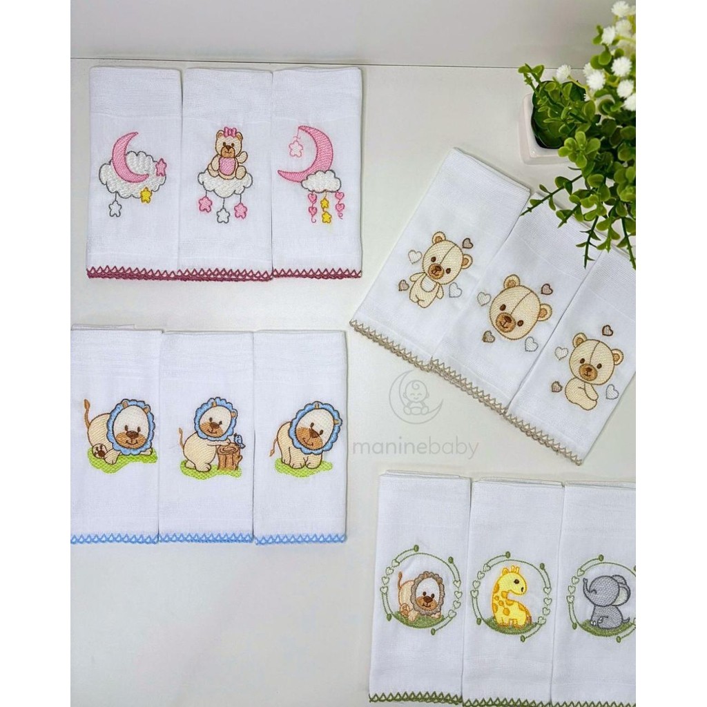 Pano de Boca Bordada para Bebe 100% Algodão com 3unid Menino Menina Bebe Enxoval Fralda de...