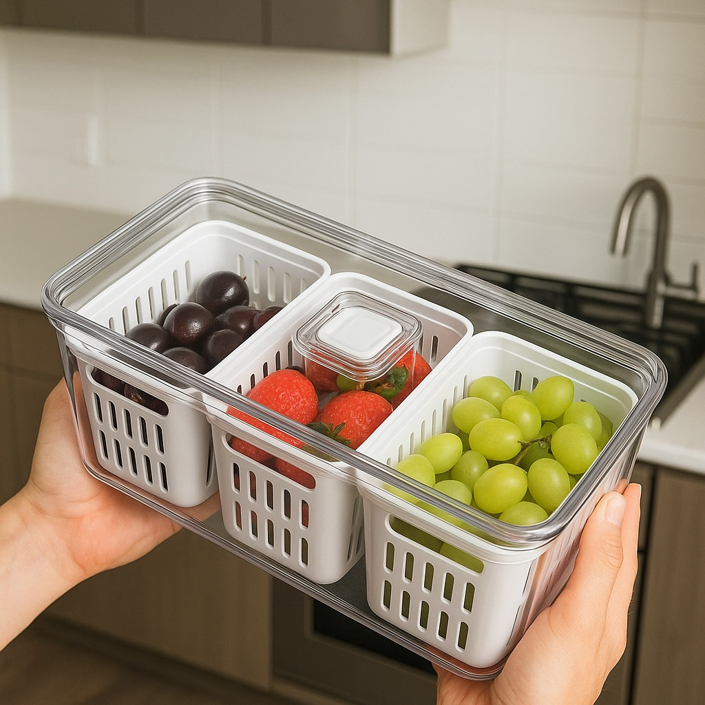 Organizador Geladeira Acrílico 3 Três Cestos Drenagem 5 Litros - Frutas legumes Verduras