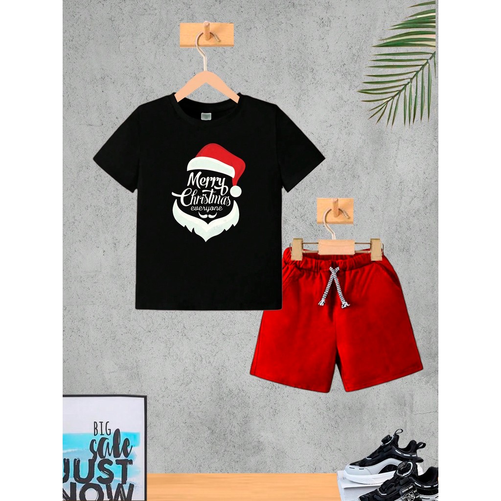 Conjunto Infantil Vermelho Merry Crhistmans Menino Camiseta e Bermuda Roupa Criança Masculino Verão