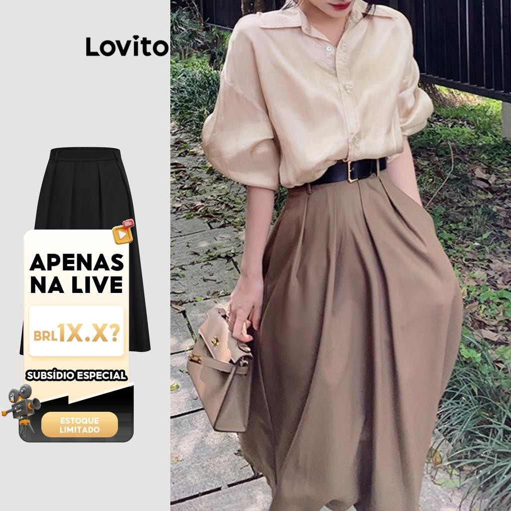 (KOL‘s pick) Lovito Saias Casuais Saias Plissadas Lisas Para Mulheres LNE21026 (Multicolorido) - Women Clothes