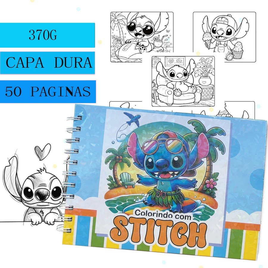 Livro de colorir STITCH Capa dura 50 folhas Versão atualizada 370g