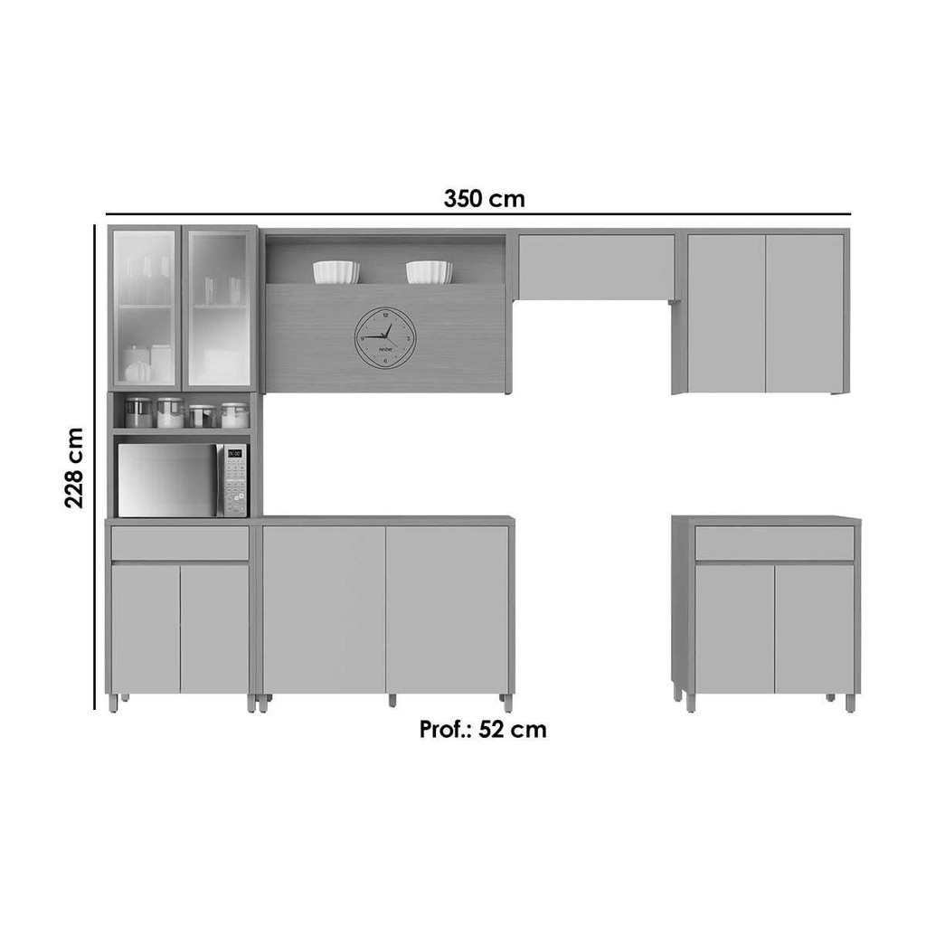 Detalhes do Cozinha Completa Condessa 6 Peças (3Aéreos+2Balcões+1Paneleiro) C6P93 Carvalho/Cinza - Nesher