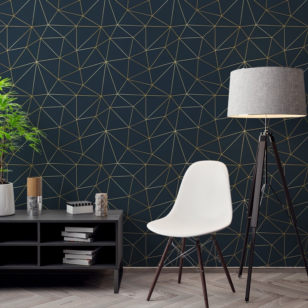 Adesivo Papel de Parede Zara Preto com Linhas Golden Ouro Efeito 3D Lavável 3 Metros