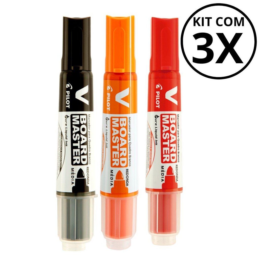 Kit com 3 Marcadores Para Quadro Branco - PILOT/ PILOTO KITS:PRETO+LARANJA+VERMELHO