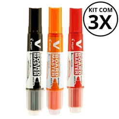 Kit com 3 Marcadores Para Quadro Branco - PILOT/ PILOTO KITS:PRETO+LARANJA+VERMELHO