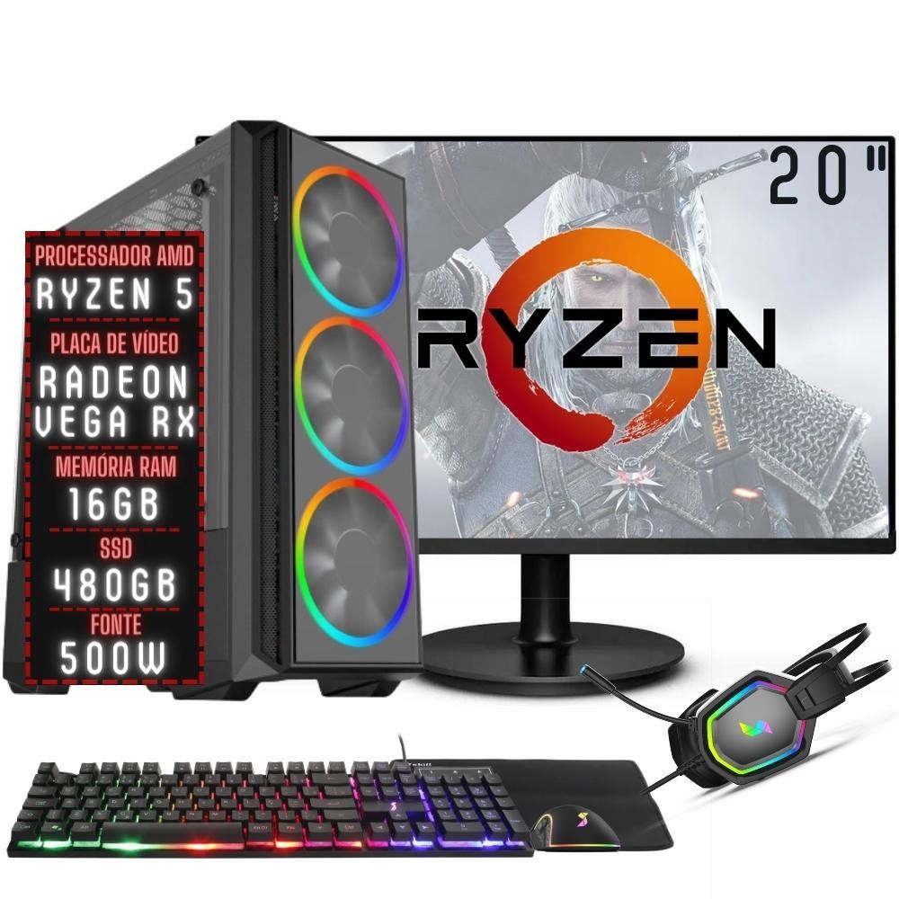 PC Gamer Completo 3green Force AMD Ryzen 5 16GB DDR4 SSD 480GB Monitor 20" 75Hz 3GFO-032