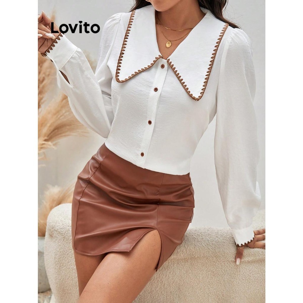 (Trendy) Lovito Blusa elegante lisa e contrastante para mulheres LNL62121 - Women Clothes
