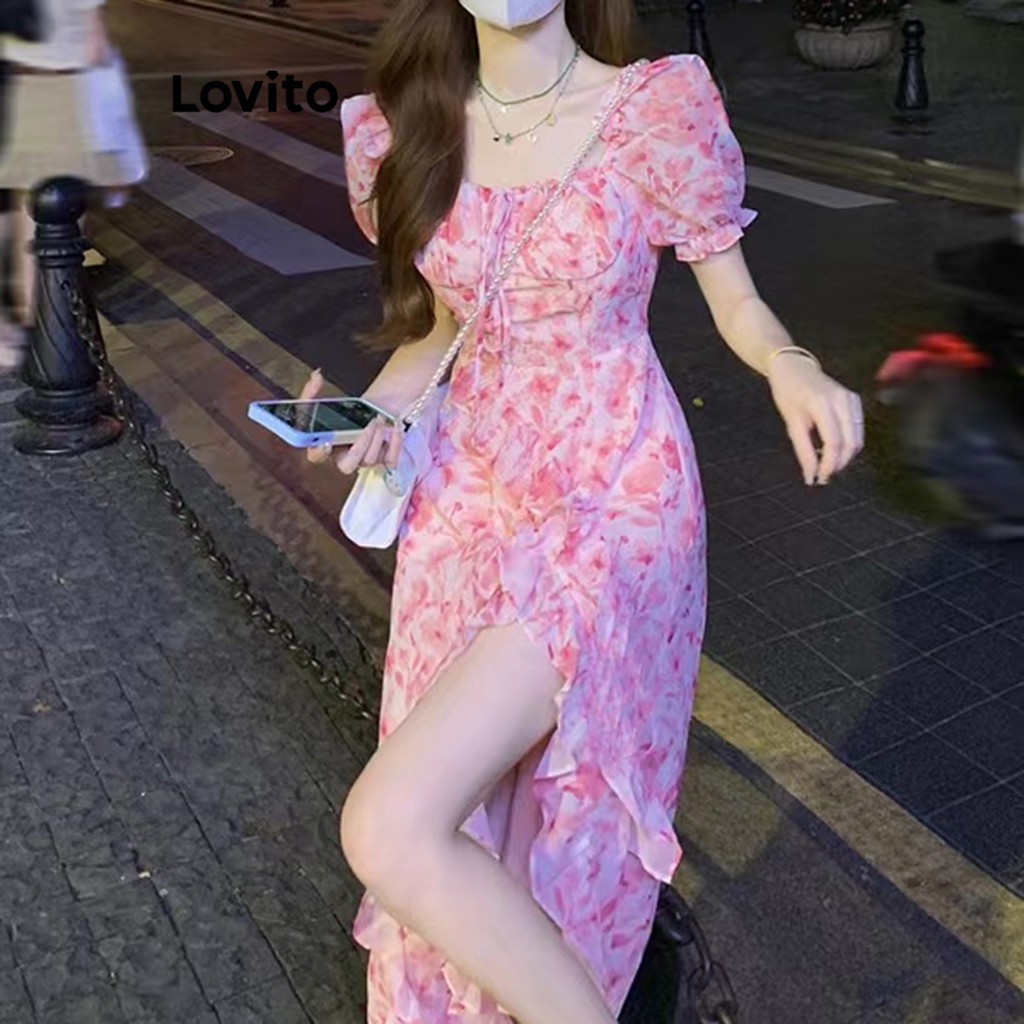 (Trendy) Lovito Vestido Boho Ditsy Floral Ruffle Pescoço Quadrado Manga Puff LNE17146 em Oferta na Shopee