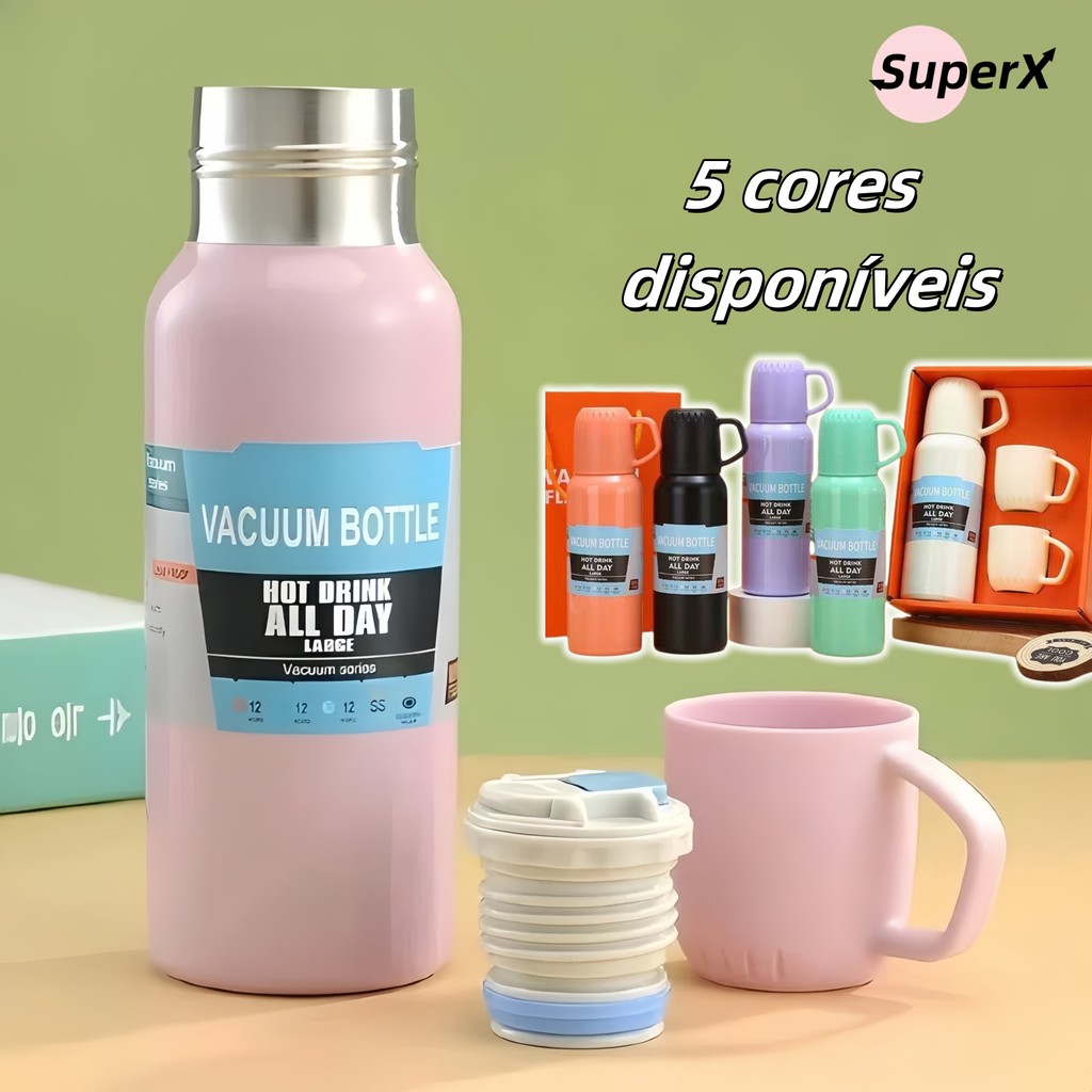 Conjunto Garrafa Térmica de Aço Inox 500 ml com 3 Xícaras e Tampa – Mantém Bebidas Quentes ou Geladas em Oferta na Shopee