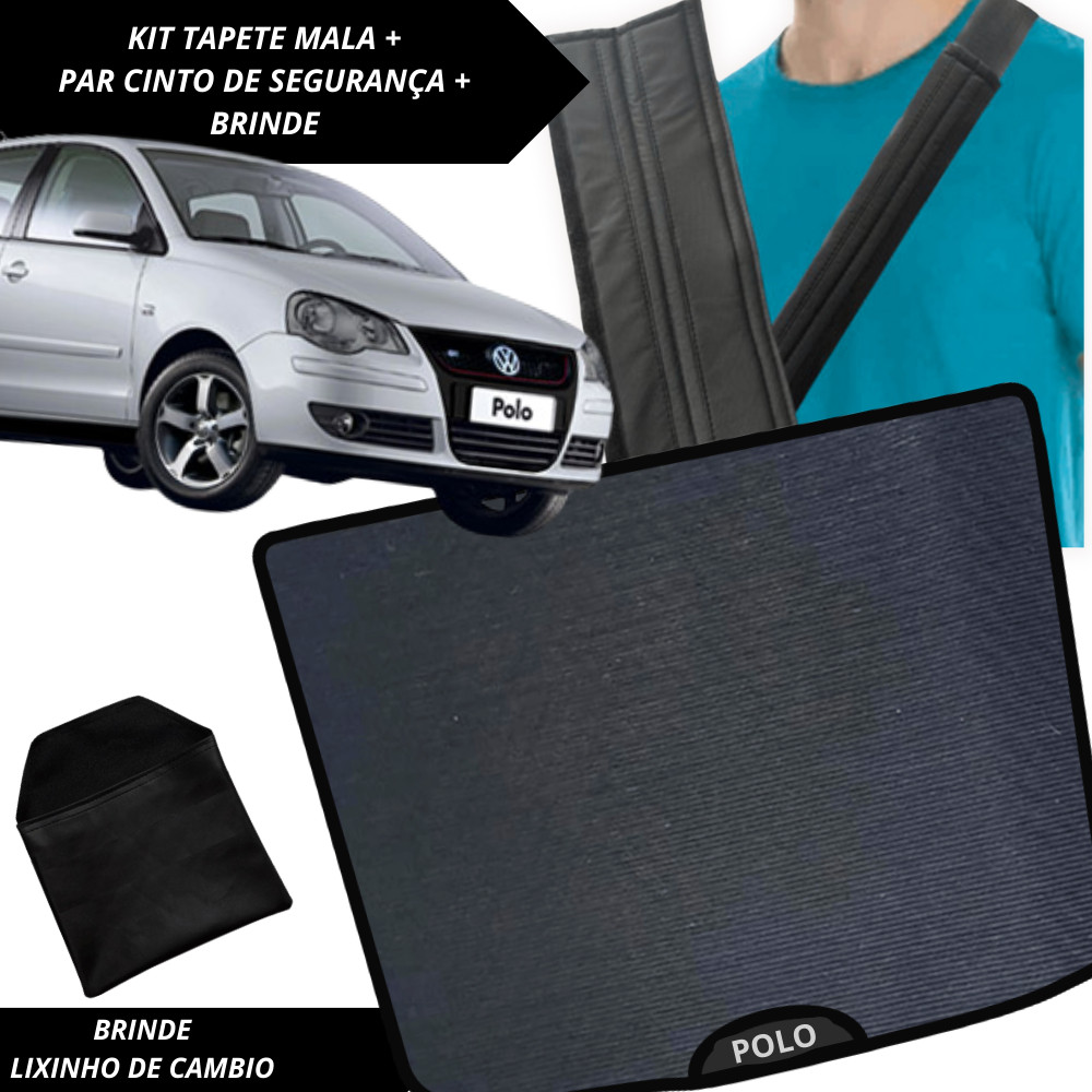 Tapete Emborrachado Porta Malas Polo Hatch 2003 a 2018 + 2 Capas Cinto Segurança Acessório Carro