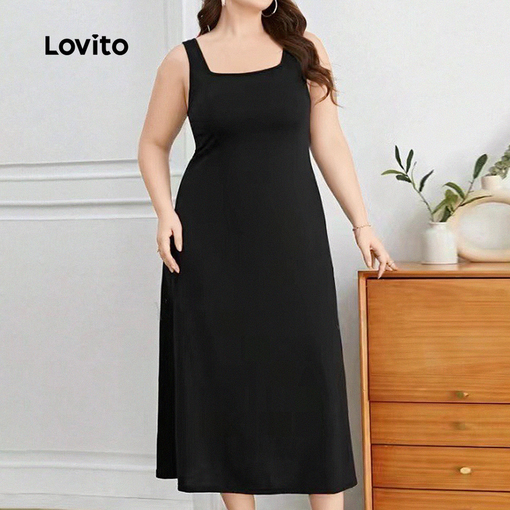 Lovito Vestido básico liso elegante curva Plus Size para mulheres LNE99051 - Women Clothes