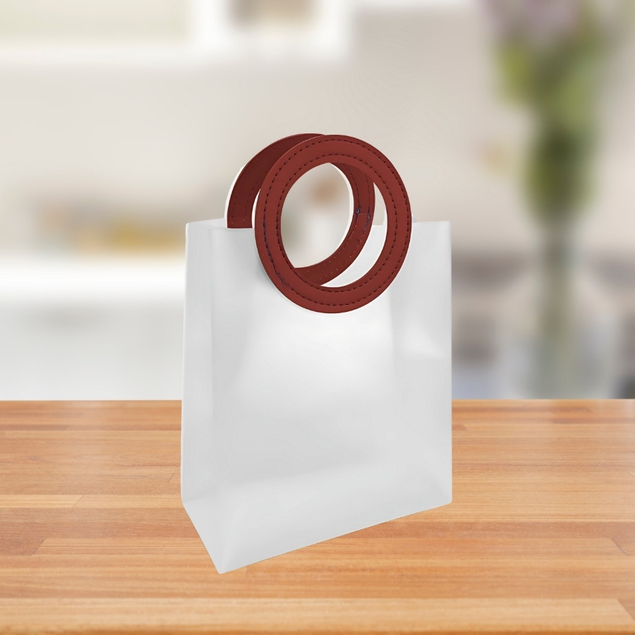 Sacola Transparente PVC com Alça Redonda de Couro Marsala - 23x20x10cm