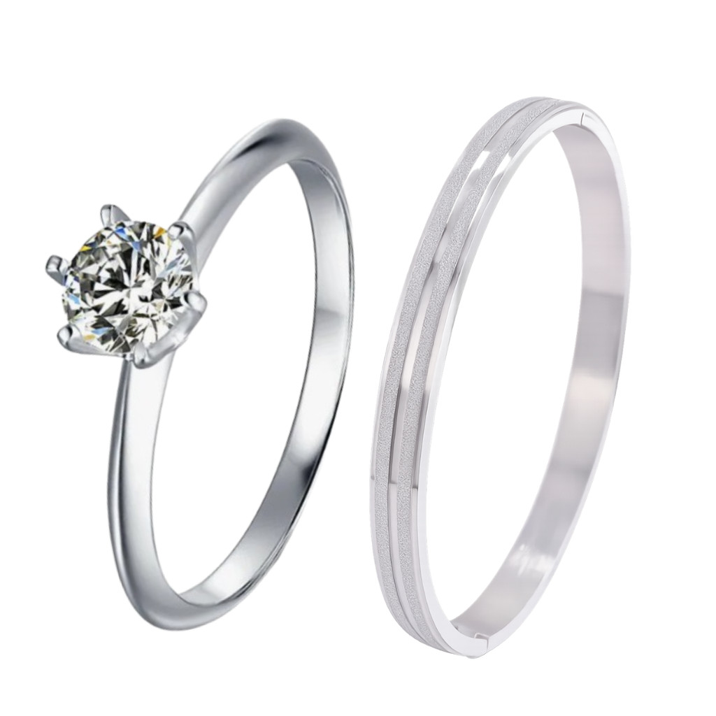 Aliança Prata Risco 4mm + Anel Solitário 2mm Pedra Branca Casal Luxo Namorados Anatomica
