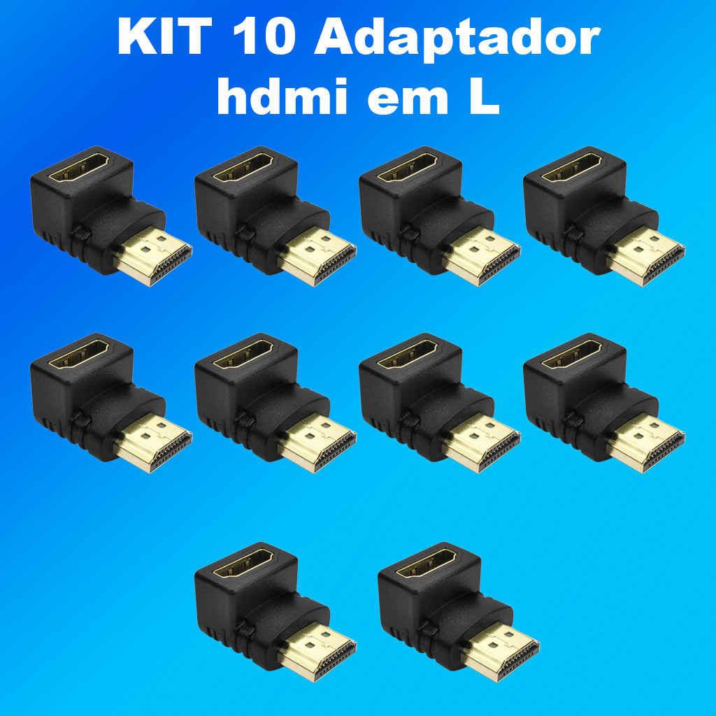 kit 10 Adaptador Compatível com HDMI de 90 Graus em L para Áudio e Outros Dispositivos