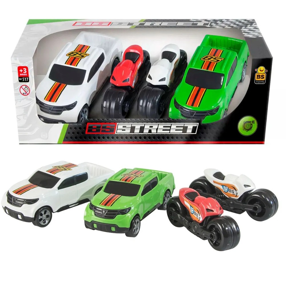 Kit Carrinho e Motos Street - Conjunto 02 Carrinhos e 02 Motos - Carro Moto Carrinho Motinhas - PANAMI