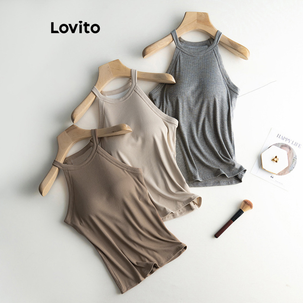 (Trendy) Lovito Casual Regata Feminina Simples com Bojo LNL36137 (Cáqui/Damasco/Cinza/Branco/Preto) em Oferta na Shopee