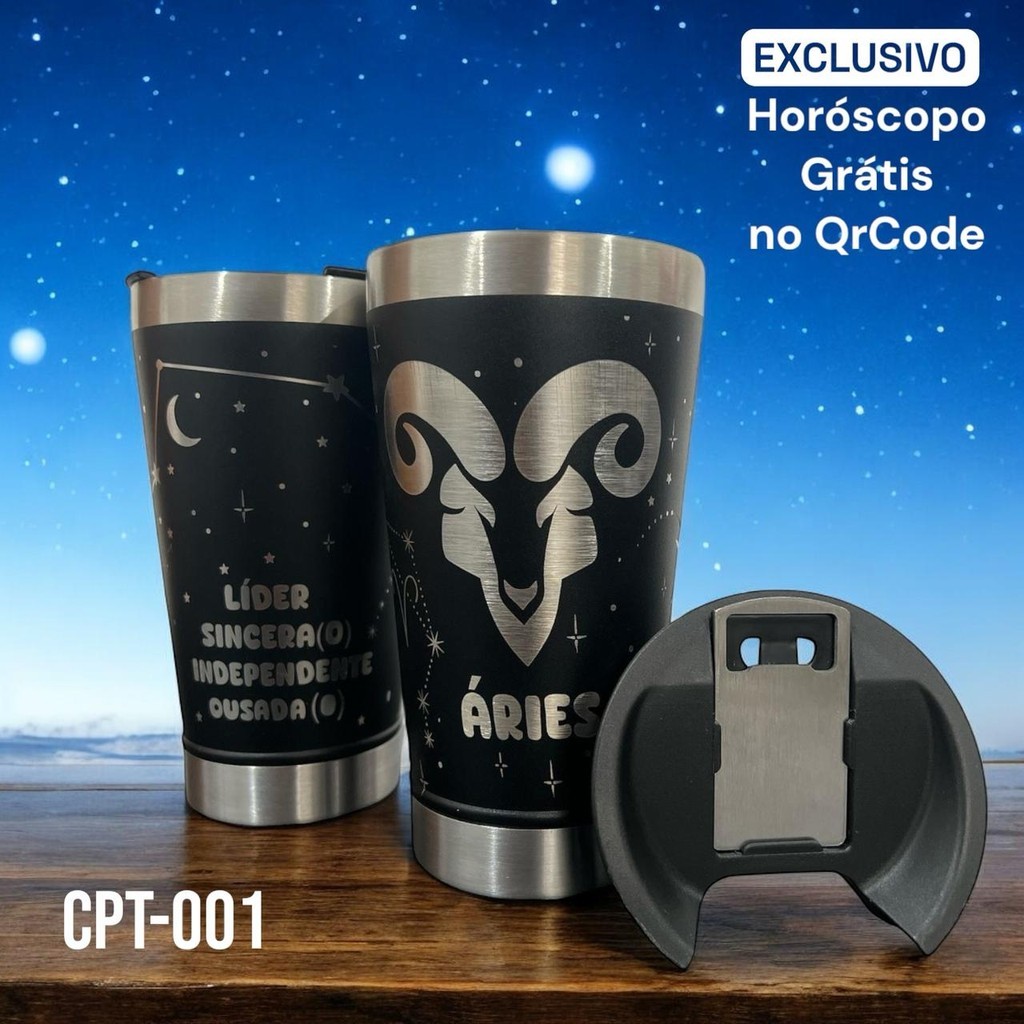 Imagem Copo Térmico de signos Personalizado a Laser com Gravação 360° Diversos signos - 473ml- Com Tampa e Abridor.