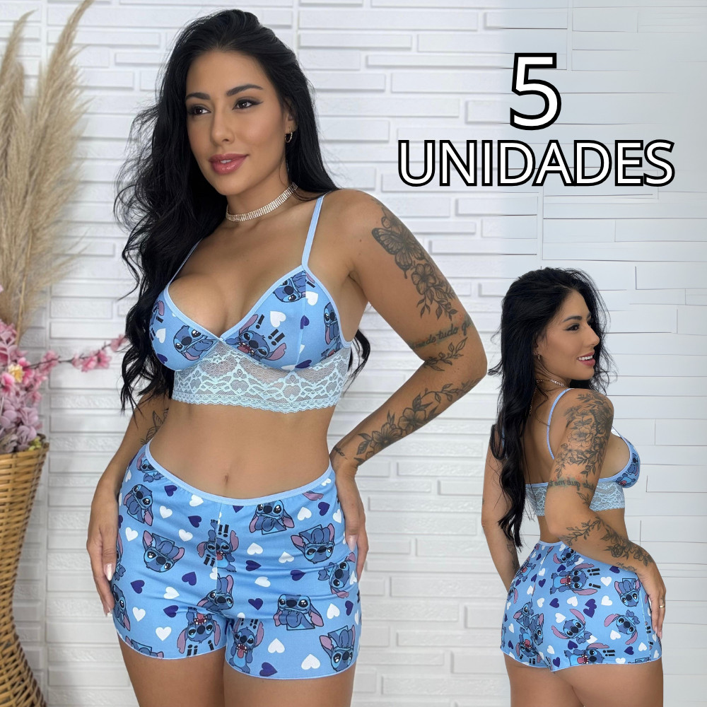 Kit 5 Pijama Bady Doll Personagens Estampado Suede Com Detalhe de Renda Roupa de Dormir Top Doll