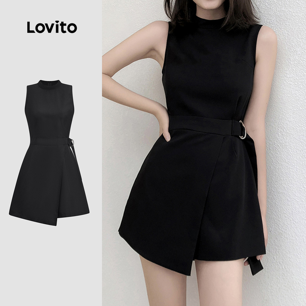 Lovito Macacão Casual Liso Assimétrico Com Fivela De Metal Primavera/Verão Preto Para Mulheres L135A2D274 em Oferta na Shopee