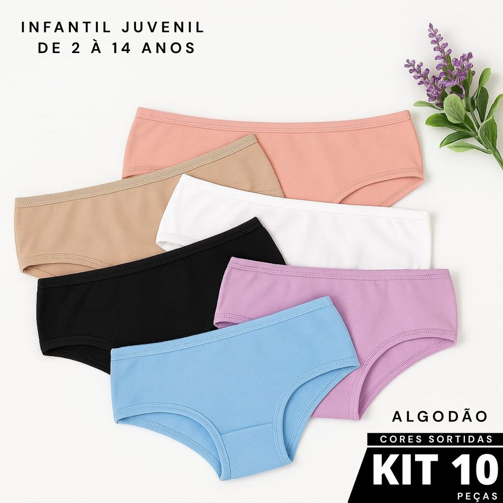 Kit C/ 10 Calcinhas Infantil Juvenil Algodão Cotton Qualidade Premium Conforto Dia A Dia Menina Juju
