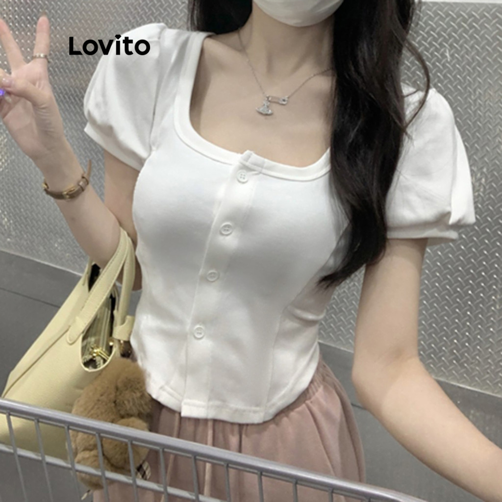 Lovito Camiseta Casual Com Botão Liso Na Frente Para Mulheres LNE11085 (Branco) - Women Clothes