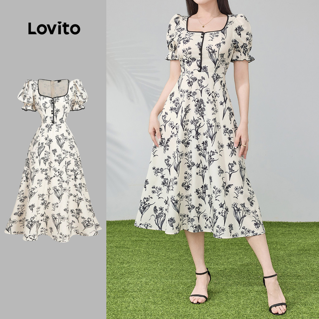 Lovito Elegante Estrutura Primavera/Verão Vestido Multicolorido Para Mulheres L134LD095 em Oferta na Shopee