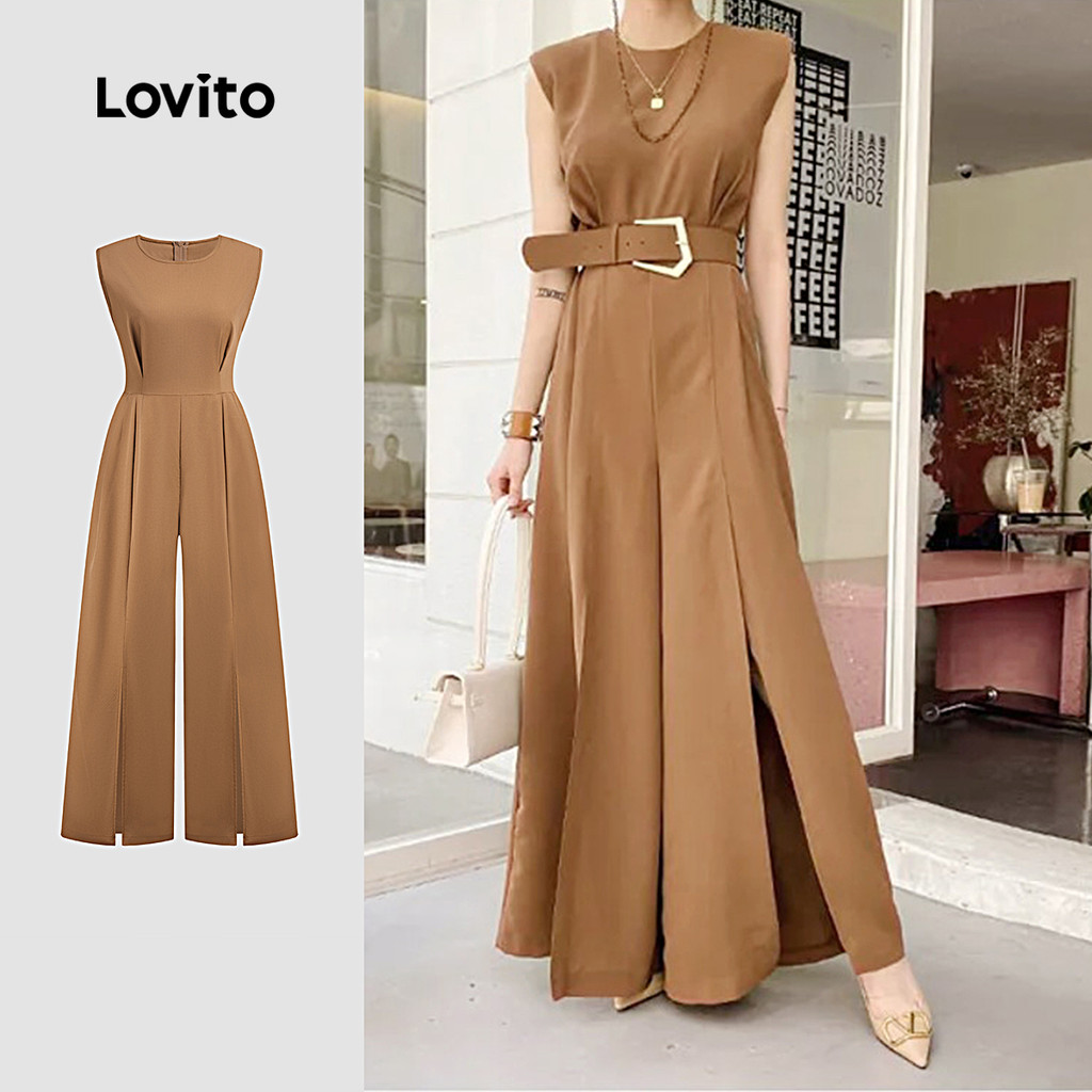 Lovito Macacão Elegante Com Estrutura Frontal Dividida, Macacão Marrom Verão/Primavera Para Mulheres L134ED245 - Women Clothes