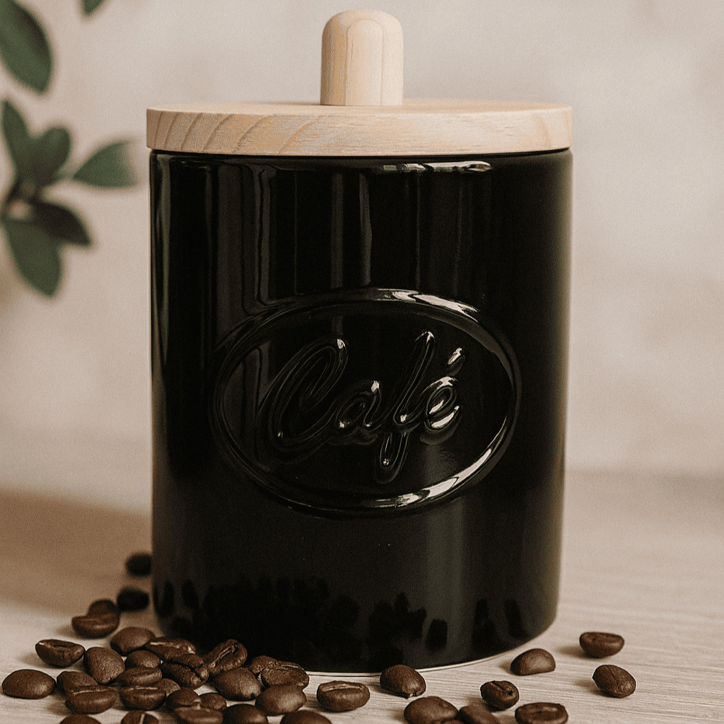 POTE PORTA CAFÉ 1 kg CONDIMENTOS CERÂMICA PORCELANA BRANCO CASA COZINHA UTENSÍLIOS TAMPA MADEIRA
