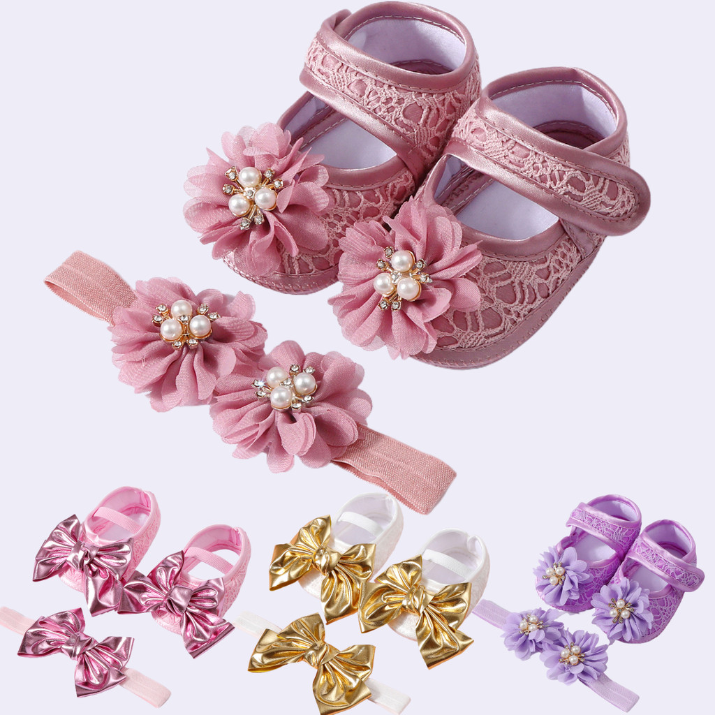 Conjunto De Sapatos De Pérola Flor Para Bebês Meninas + Faixa De Cabeça-Sola Macia Antiderrapante Primeiros Caminhantes em Oferta na Shopee