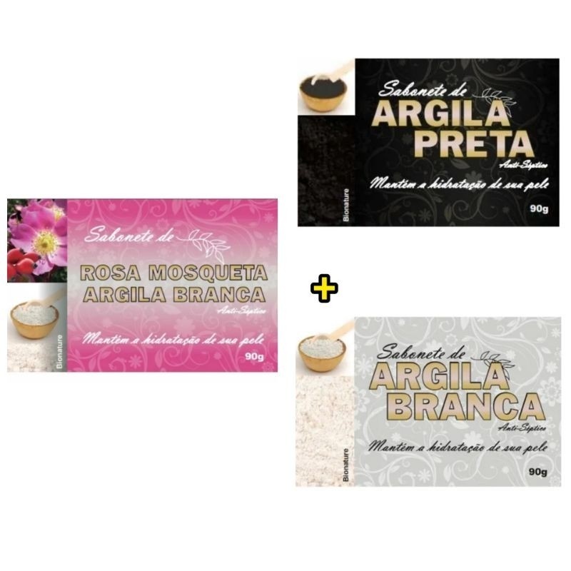 Kit Com 3 Sabonetes em Barra (Argila Preta + Argila Branca e Rosa Mosqueta + Argila Branca) 90g