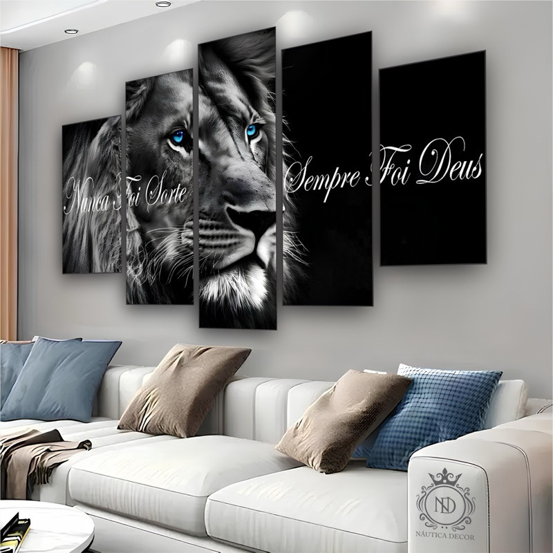 Quadro Decorativo Mosaico Leão de Juda Olho Azul Nunca Foi Sorte Sempre Foi Deus Sala Quarto Hd