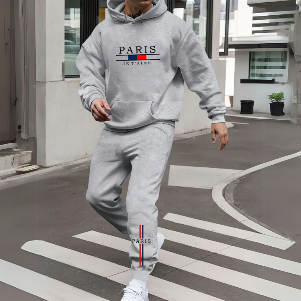 Conjunto De Moletom Calça E Agasalho Canguru Estampa Paris Estilo Streetwear Moda Unissex Inverno