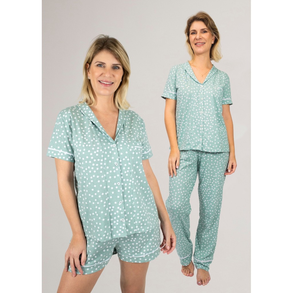 KIT 1 Pijama Americano Curto + 1 Pijama Americano Manga Curta Com Calça  - Poá Verde