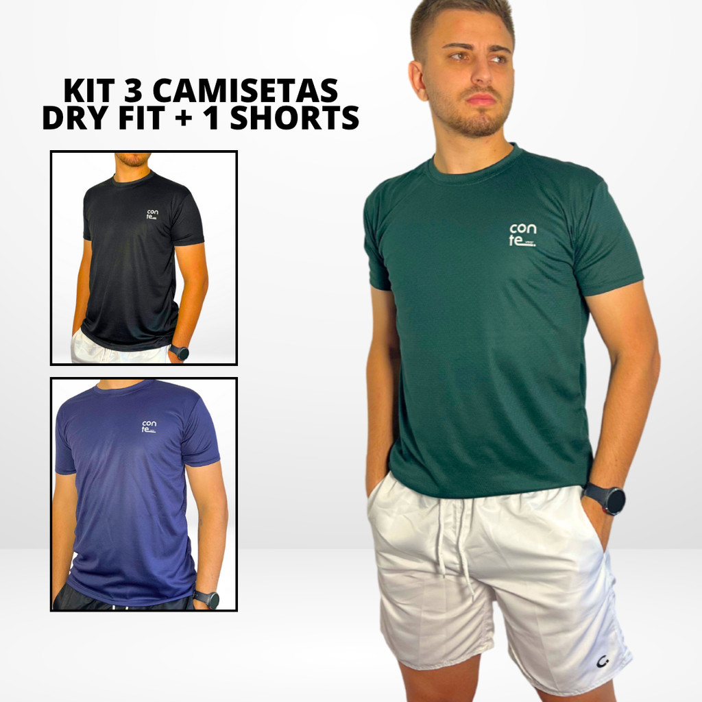 KIt  3 Camisetas Esportivas Dry Fit masculina  Casual Treino Praia + 1 Shorts  Mauricinho Academia Masculino