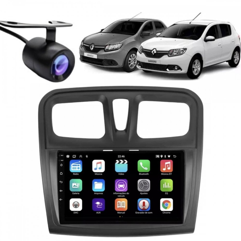 Central Multimídia Android 2 Din Renault Sandero Moldura 9" Câmera Ré PT Fosco