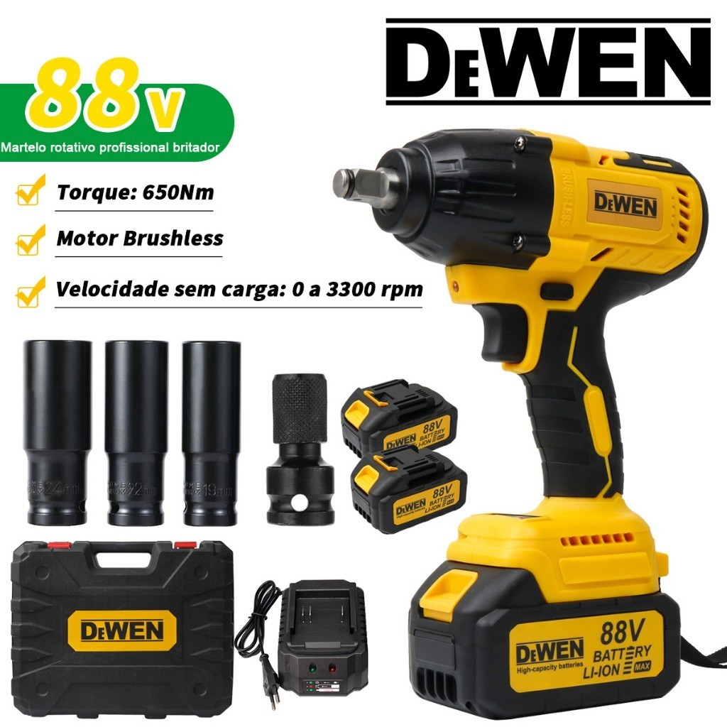 Chave De Impacto 650NM Parafusadeira Furadeira Chave elétrica de torque sem escova com 2baterias 88v em Oferta na Shopee