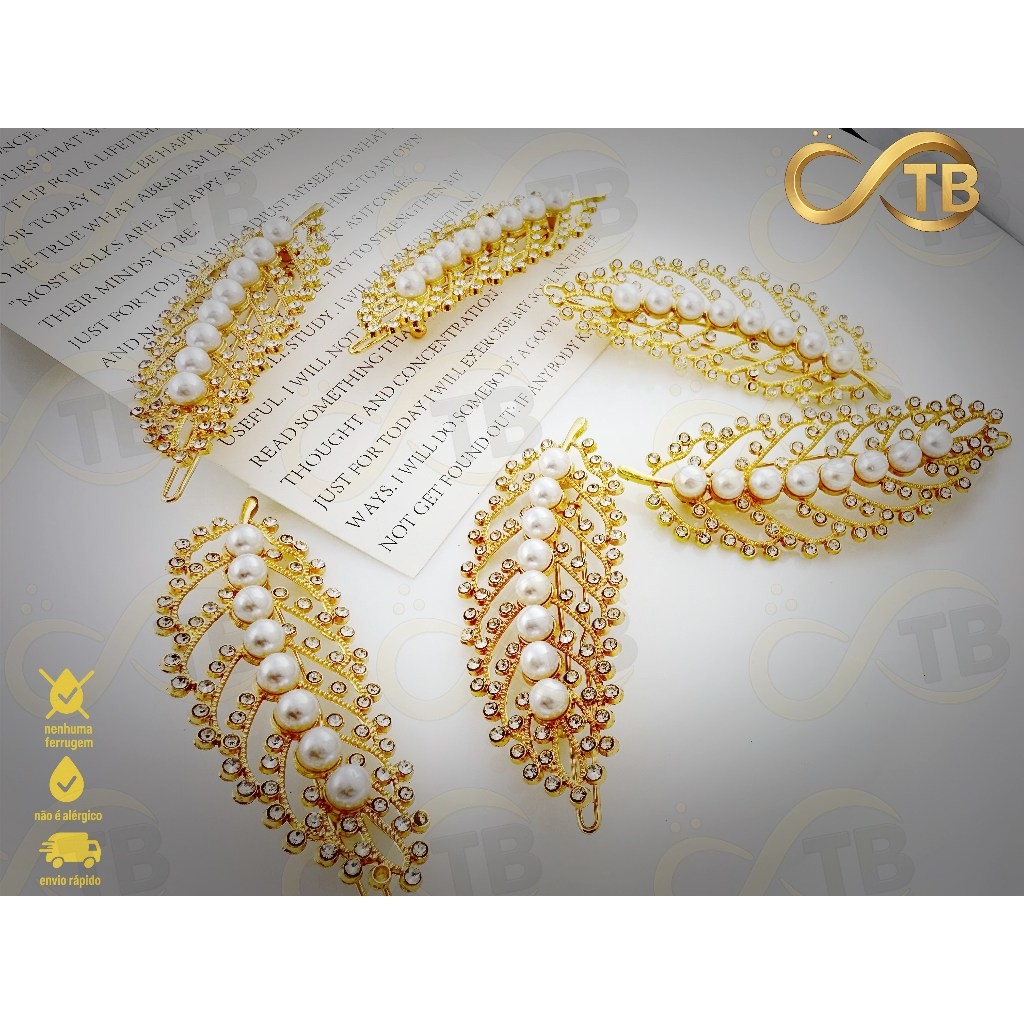 TB Acessórios Moda Presilha Banhada a Ouro 18K Pérolas Naturais e Zircônias | Acessório Antialérgico