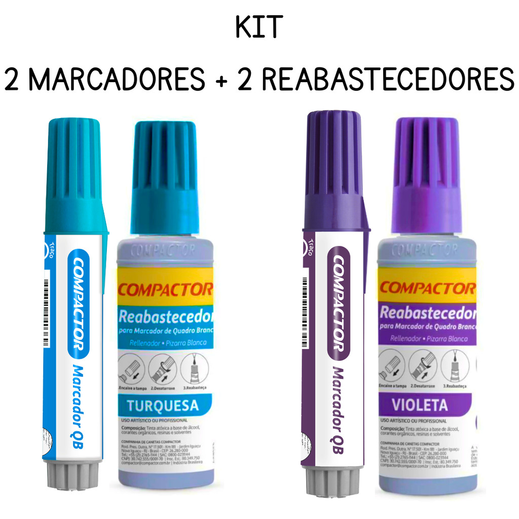 Kit com 2 Marcadores Para Quadro Branco + 2 Reabastecedores - COMPACTOR em Oferta na Shopee