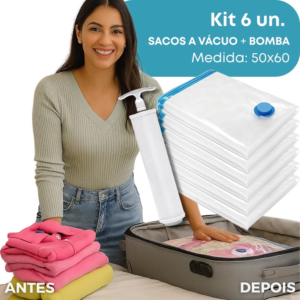 Kit 6 Saco À Vácuo Viagem Roupa 50x60Cm + Bomba de vácuo