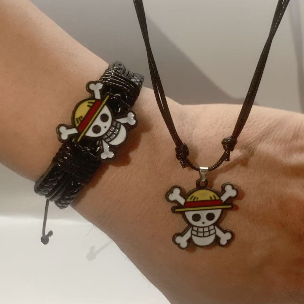 Kit Colar+pulseira de couro ajustavel com One Piece Caveira do Navio Going Merry do Luffy Bando do Chapeu de Palha