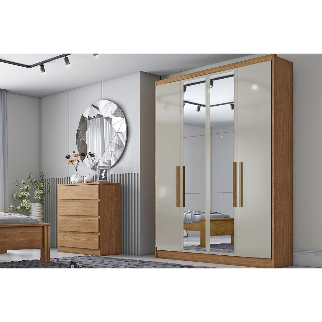Guarda Roupa Solteiro 4 Portas e 3 Gavetas c/ Espelho Moderni/Sevilha Plus Cumaru/Fendi 25 - Novo Horizonte